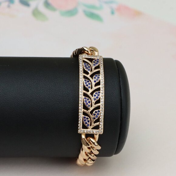 "Bold Leaf Design Rose Gold Bracelet with Blue Stones, XPBL0768 - Picture 3 of 12